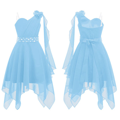 Summer Girls Festive Dress Hi-Lo Tulle Sleeveless Shiny Beaded Dress Flower Kids Wedding Pageant Clothing Evening Communion Gow