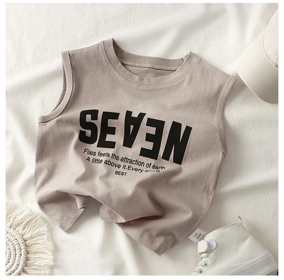 Summer Boys Letter Print Tops Girls Wide Shoulder Vest Children's O-neck T-shirt 2025 Baby Kids Korean Solid Sleeveless Tank Top