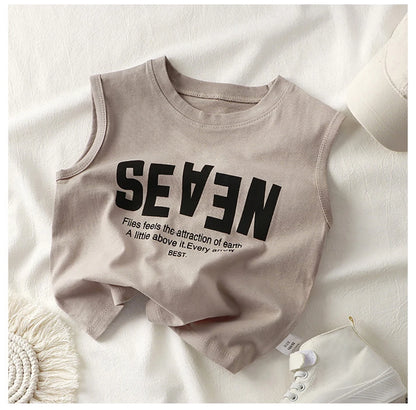 Summer Boys Letter Print Tops Girls Wide Shoulder Vest Children's O-neck T-shirt 2025 Baby Kids Korean Solid Sleeveless Tank Top