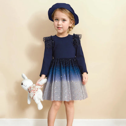 4-6-year-old girl's dress in spring and autumn is sweet and lovely, round neck and long sleeve stitching, star printing gauze he