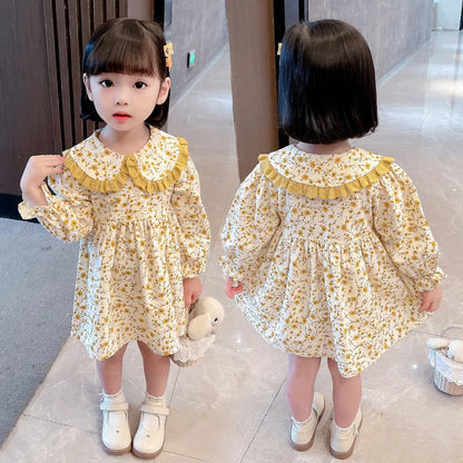 Girls Casual Dresses  Yellow Floral Lapel Dress for Girls 2-7Y Cute Toddler Dress Flower Girl & Casual Outfit