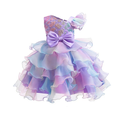 Party Dresses For Girls Rainbow Ruffle Big Bow Layered Sequin Princess Dress For Kids Wedding Birthday Party Pageant Formal Gown
