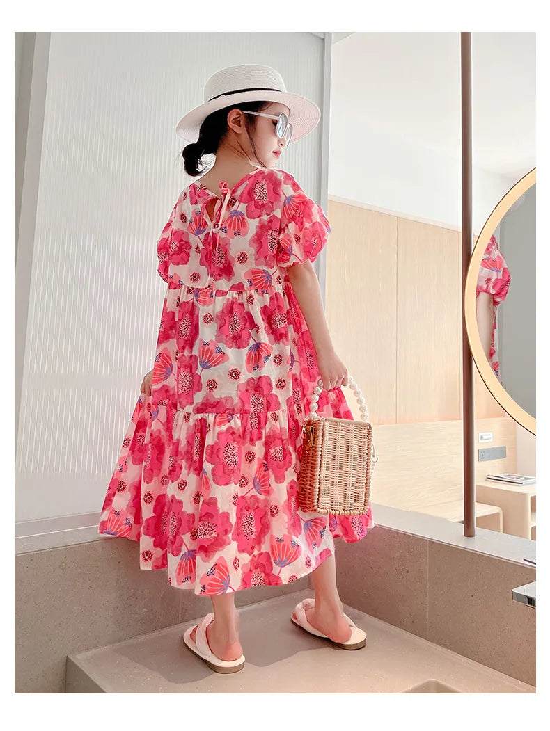 Girl's Large Flower Dress 2025 New Summer Children's Foreign-Style Loose Korean Version of the Older Girls Floral Lazy Skirt