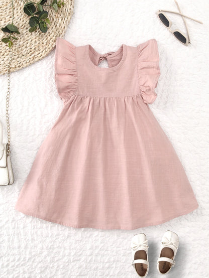 Toddler girls dresses kid's summer wear Pure color puffy sleeves girl dress back collar tie princess dress