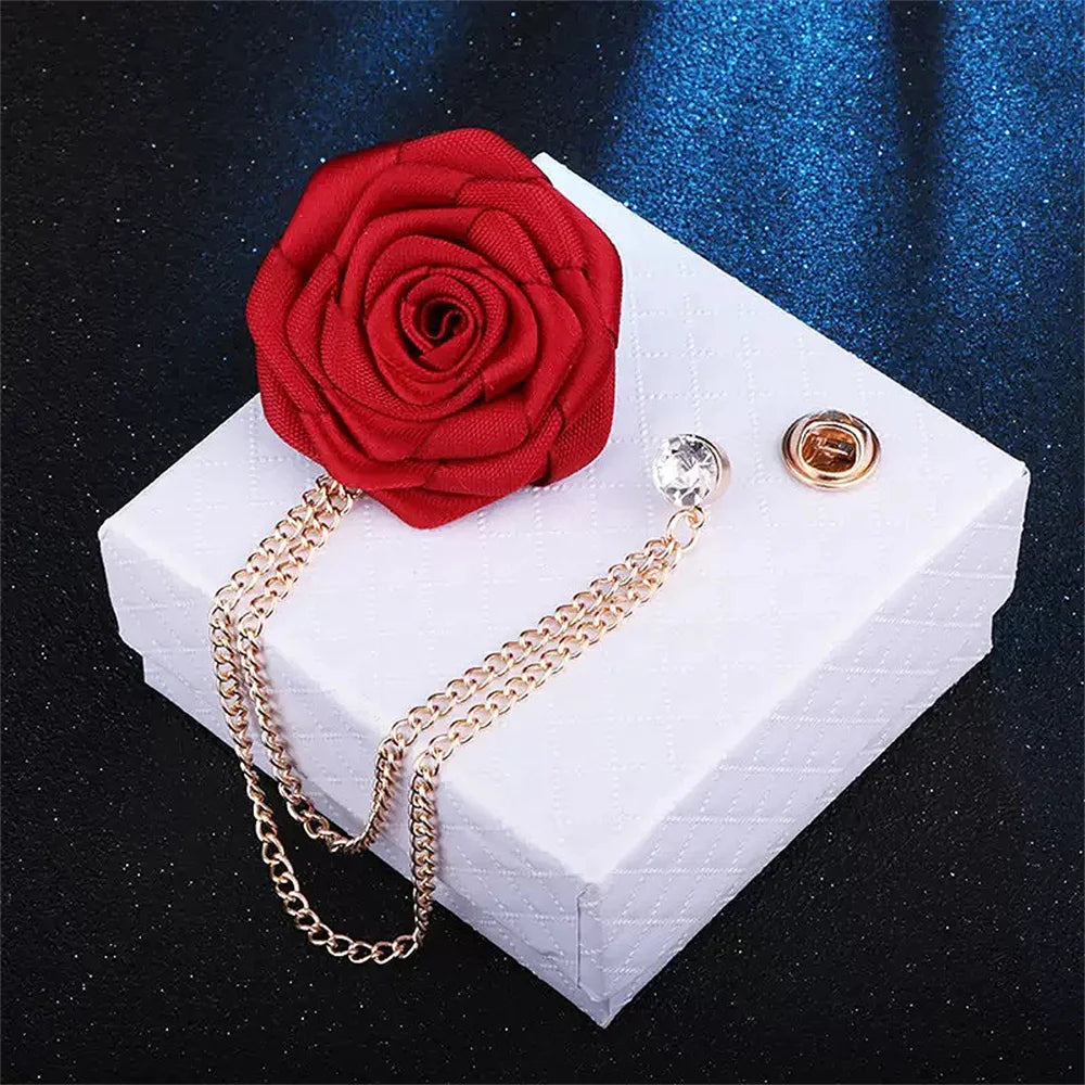 Men Wedding Brooches Cloth Art Handmade Rose Flower Brooch Lapel Pin Badge Tassel Chain Men's Suit Accessories Groom Boutonniere