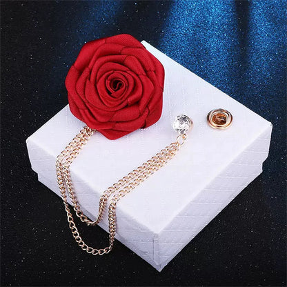 Men Wedding Brooches Cloth Art Handmade Rose Flower Brooch Lapel Pin Badge Tassel Chain Men's Suit Accessories Groom Boutonniere