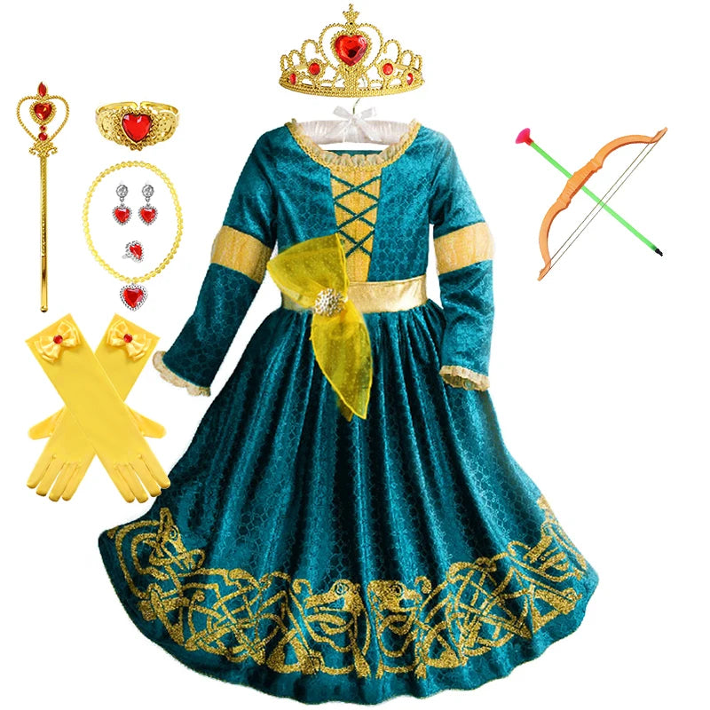New Cartoon Movie Girls Princess Merida Dress Halloween Brave Princess Costume Children Green Velvet Long Sleeve Vintage Clothes