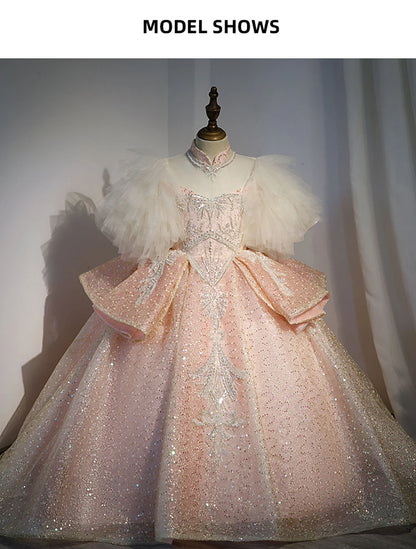 Kids Girls Princess Dress for Party Birthday Exquisite Beadings Sequined Tulle Ball Gown Flower Girl Wedding Dresses Children