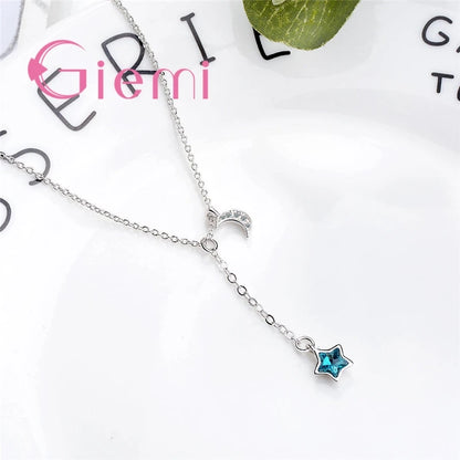 Fashion Romantic Casual Jewelry For Women Girl 925 Sterling Silver Chain Blue Star Shape Crystal Moon Wedding Birthday Accessori