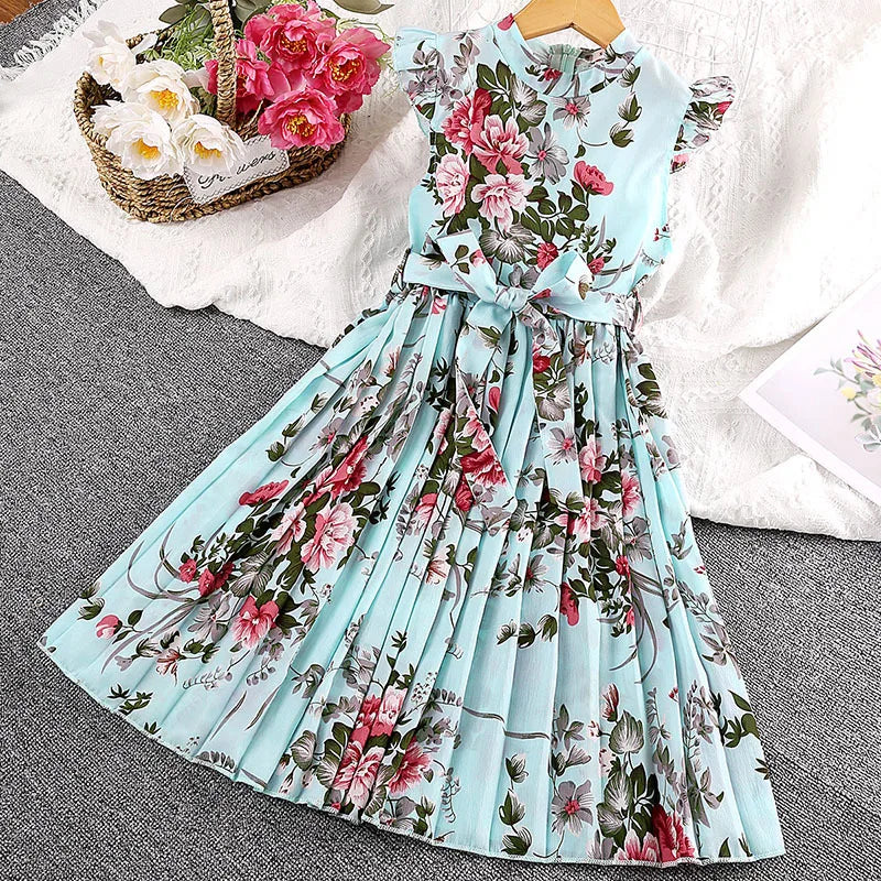 Girls Dress Summer 4-12 Years Flowers Sleeveless Fashion Elegant Little Princess Dress Birthday Dance Party Gifts Kids Clothes