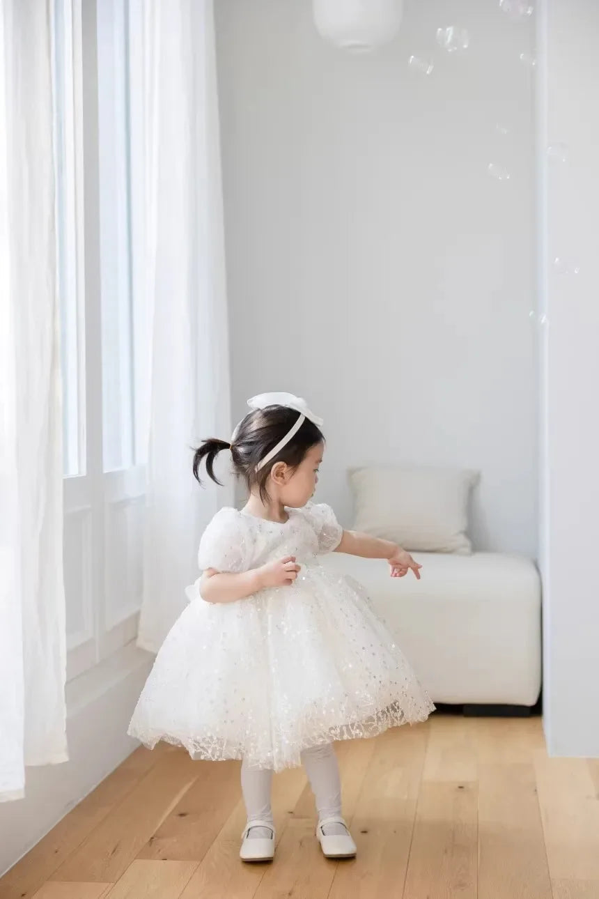 Girl's White Wedding Tutu Dress, Elegant Princess Dress for Flower Dresses Kids Vestidos Girl Birthday Party Princess Sequins