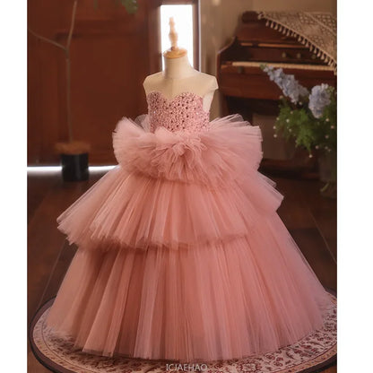 Girls Pageant Dress Stage Host Gown Kids Piano Performance Outfit Birthday Walking Formal Wear Party Flower Girl Wedding Show