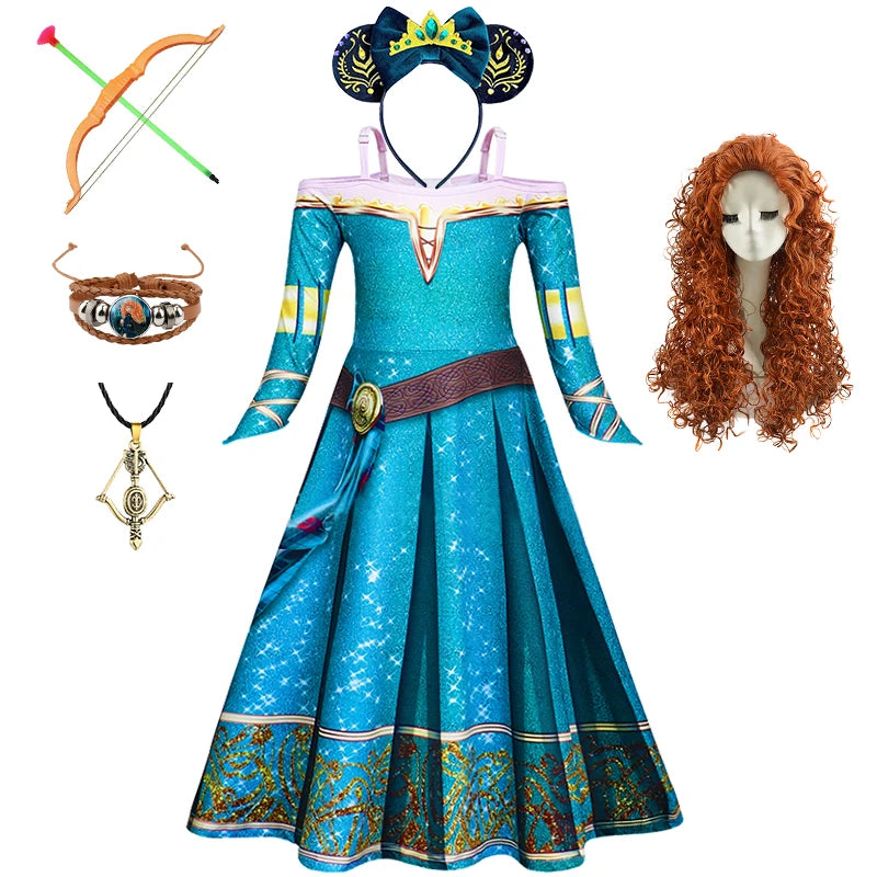 New Cartoon Movie Girls Princess Merida Dress Halloween Brave Princess Costume Children Green Velvet Long Sleeve Vintage Clothes