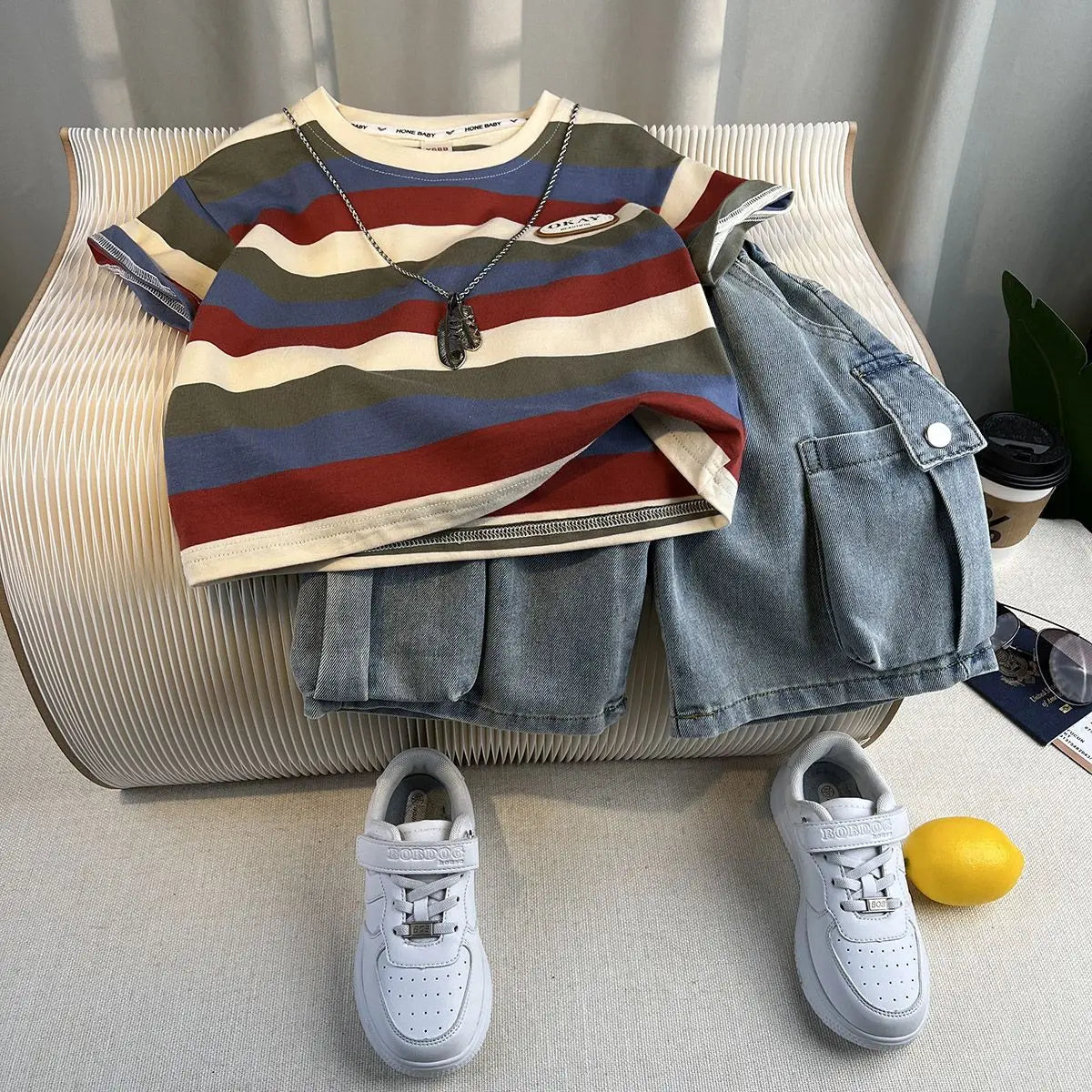 Summer Baby Boys Fashion High Quality Set Cotton Boy Short Sleeved Hole T-shirt + Denim Shorts Kids Loose Casual Clothes 2-11Y