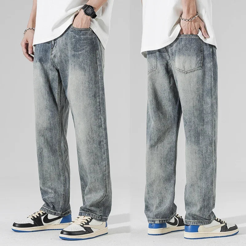 2025 Autumn New Men's Harem Wide Leg Jeans Street Hip-Hop Straight Leg Loose Denim Trousers Large Size Casual Retro Jeans
