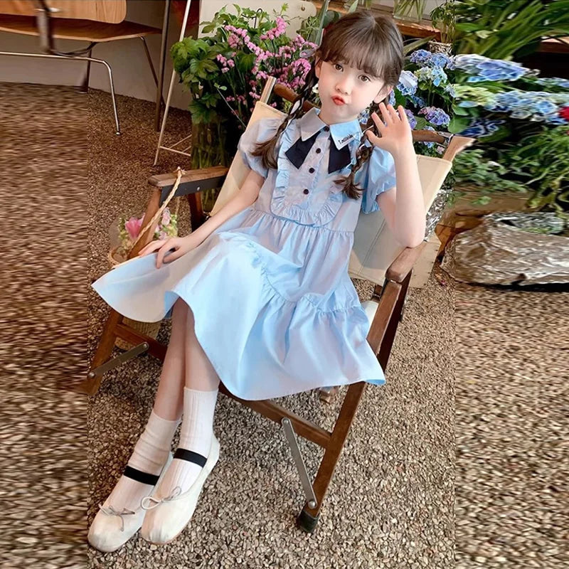 Girl's Dress Summer 2025 New Children's College Style Gown Teenager Turn-down Collar Clothes Kids Fashion Short Sleeve Desses