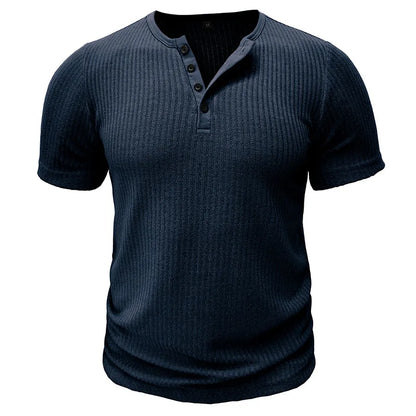 Summer Trend Men's Short Sleeve Casual T-Shirts Solid Henley Neck Button Up Pullover Tops Spring Turn Down Collar Basic Shirt (Available)