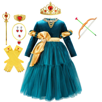 New Cartoon Movie Girls Princess Merida Dress Halloween Brave Princess Costume Children Green Velvet Long Sleeve Vintage Clothes