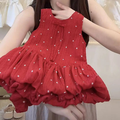 Girls Summer Dresses 2025 New Fashionable Casual Daily Sleeveless Floral Print Lightweight Red Bud Dress with Hair Band