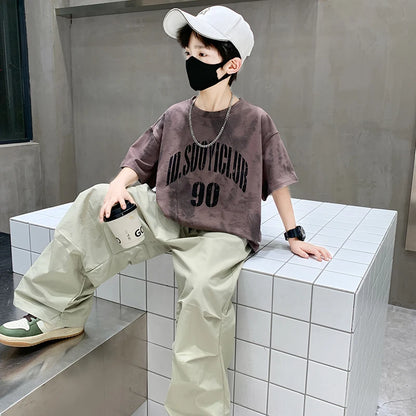 Boys Summer Clothing Top and Bottom Set For Teens Children Casual Cotton Outfit Suit Brown Color Kids Cotton Clothes Set