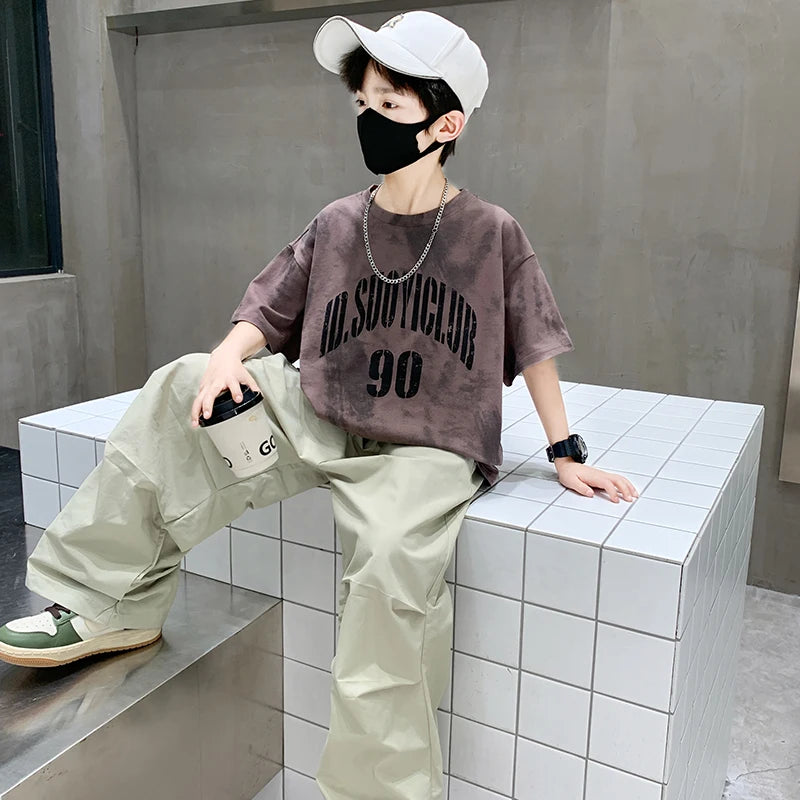 Boys Summer Clothing Top and Bottom Set For Teens Children Casual Cotton Outfit Suit Brown Color Kids Cotton Clothes Set