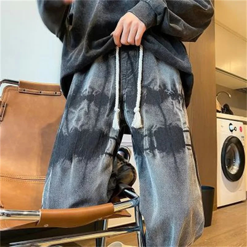 2025 New Tie Dye Retro Drawstring Jeans For Men Baggy High Street Straight Pants Hip Hop Fashion Casual y2k jean hombre pantalon