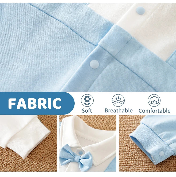 Newborn Boys Gentleman Bow Spliced Contrast False Backband Light Blue Comfortable Spring And Autumn Long Sleeved Jumpsuit