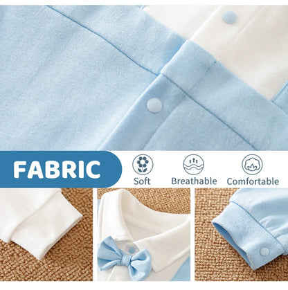 Newborn Boys Gentleman Bow Spliced Contrast False Backband Light Blue Comfortable Spring And Autumn Long Sleeved Jumpsuit