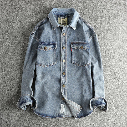Spring and Autumn Casual Retro Denim Shirt Washed Thick Wear-resistant Rotary Sleeve Loose Long Sleeve Jacket