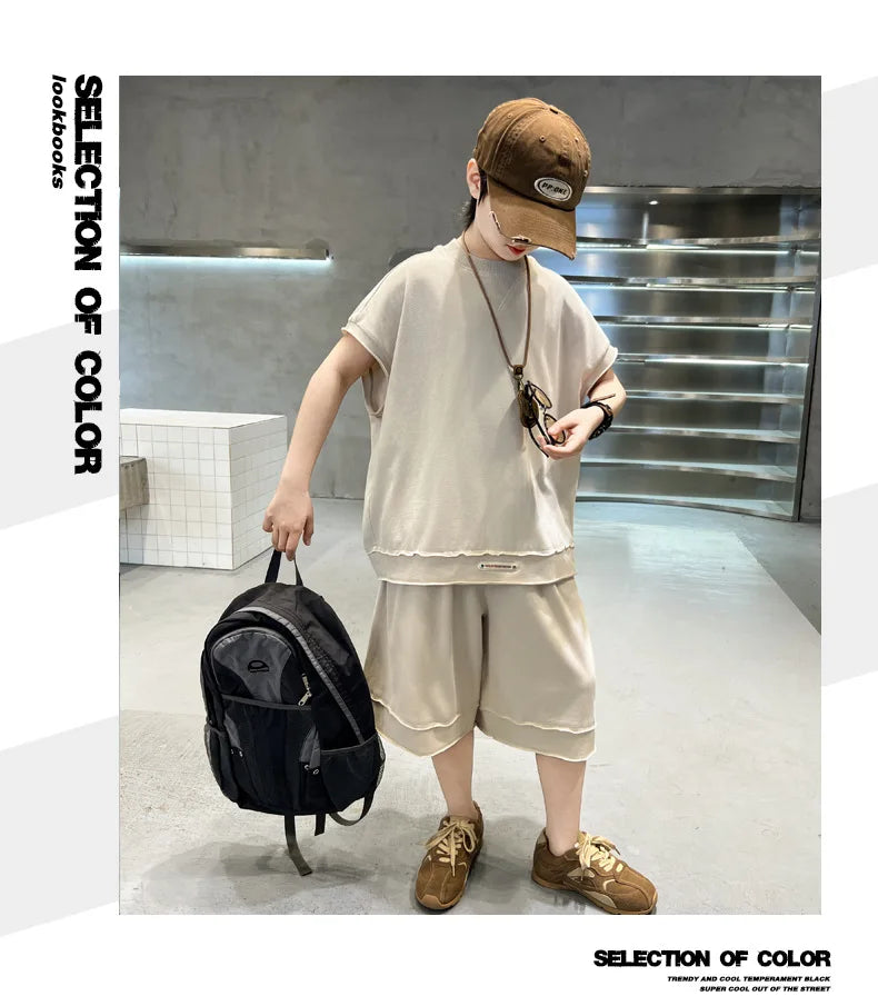 Boys' Summer Outfit Set 2025 New Style Children's Summer Short Sleeved Sportswear Vest Fashionable Boys' Thin Design