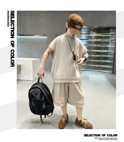 Boys' Summer Outfit Set 2025 New Style Children's Summer Short Sleeved Sportswear Vest Fashionable Boys' Thin Design