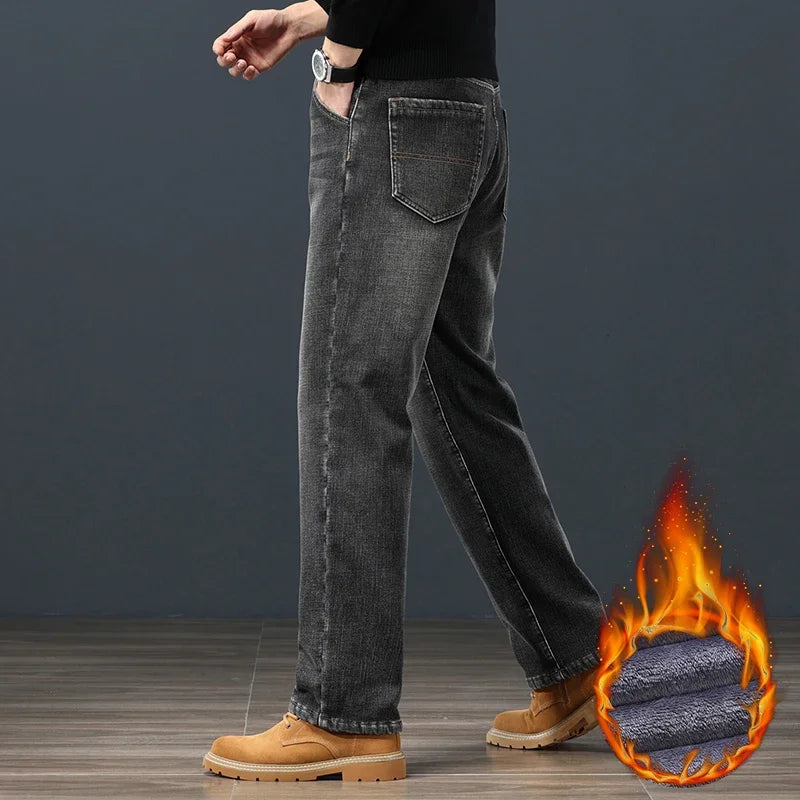 Winter Fleece Warm Men's Jeans Classic Loose Straight Plush Denim Pants Thickened Fashion Stretch Casual Thermal Trousers 42 44 (Avaialble)