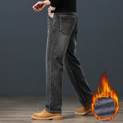 Winter Fleece Warm Men's Jeans Classic Loose Straight Plush Denim Pants Thickened Fashion Stretch Casual Thermal Trousers 42 44 (Avaialble)