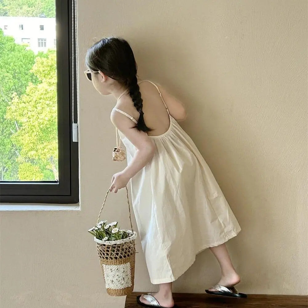 Girls' Summer Clothes Backless Camisole Dress Vacation Style Beach Cool Dress Baby Girl's Suspender Dress with A Large Skirt
