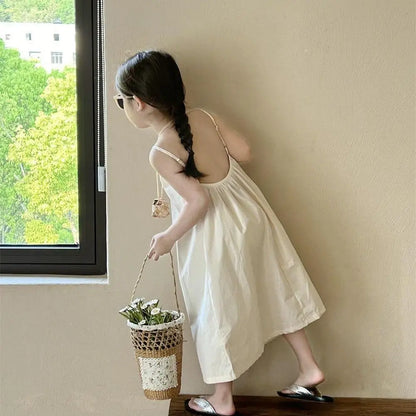 Girls' Summer Clothes Backless Camisole Dress Vacation Style Beach Cool Dress Baby Girl's Suspender Dress with A Large Skirt