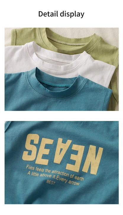 Summer Boys Letter Print Tops Girls Wide Shoulder Vest Children's O-neck T-shirt 2025 Baby Kids Korean Solid Sleeveless Tank Top