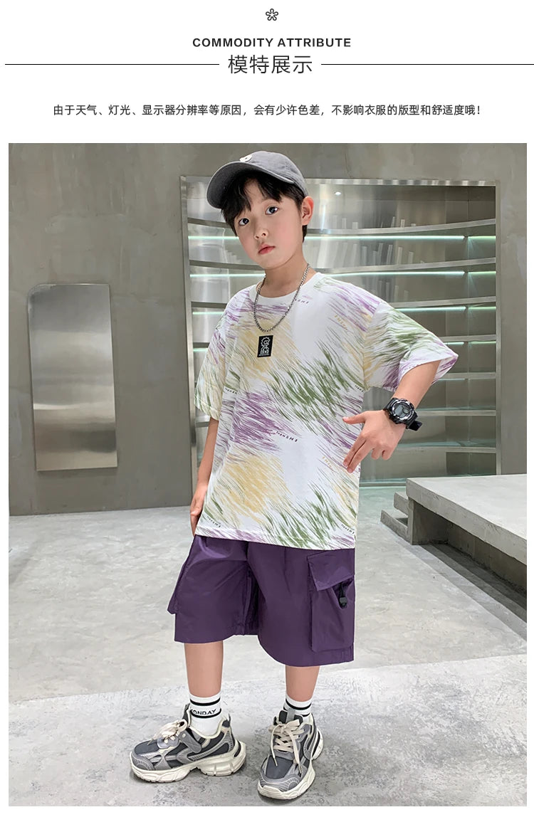 Summer  Boys Shorts Short Sleeve Shorts Handsome High Quality Leisure Sports Simple Two-piece Set.4-16year