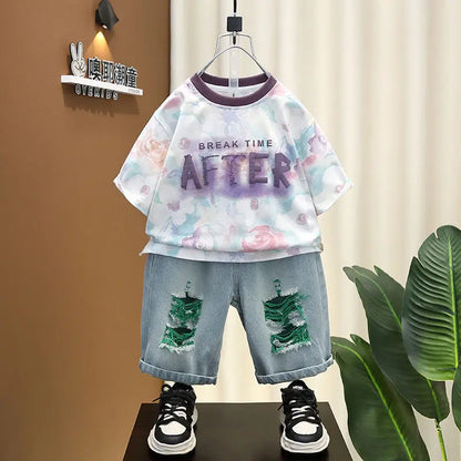 Summer Baby Boys Fashion High Quality Set Cotton Boy Short Sleeved Hole T-shirt + Denim Shorts Kids Loose Casual Clothes 2-11Y