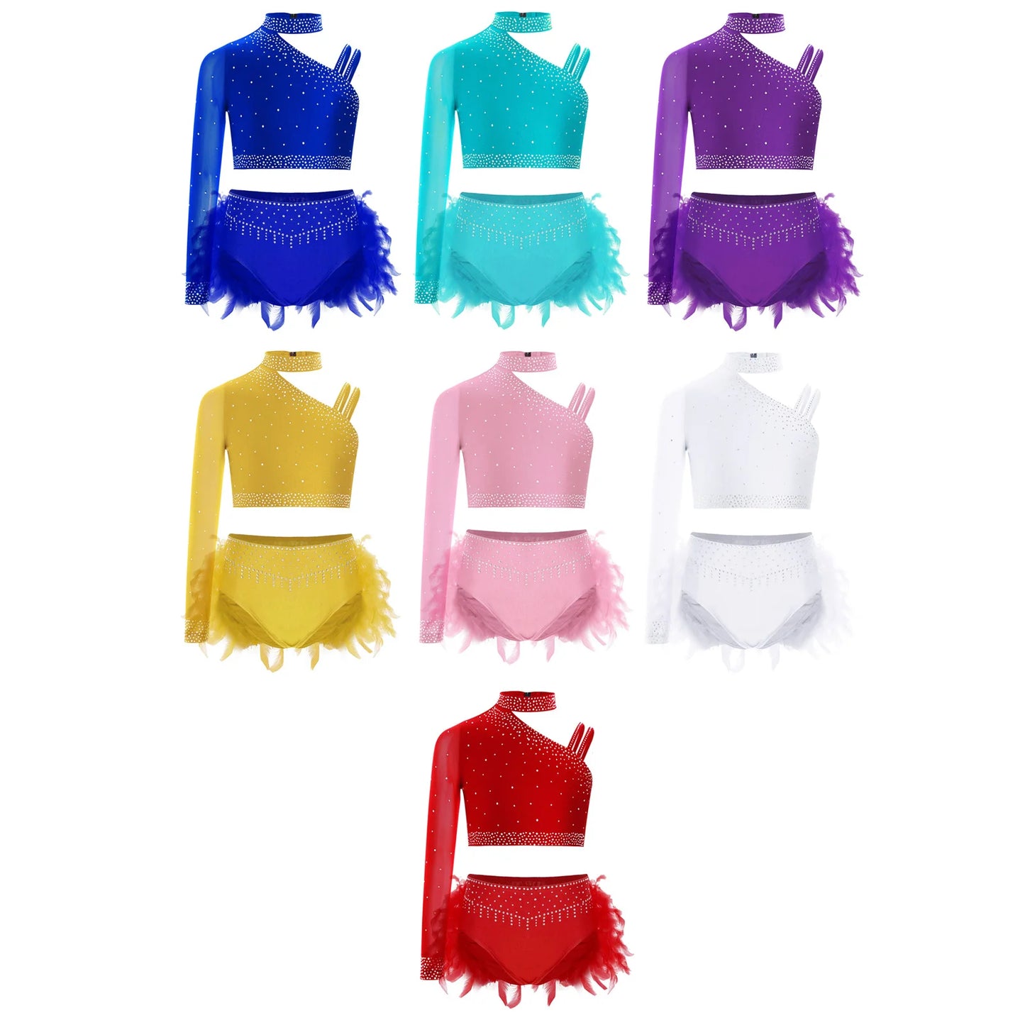 Girls Modern Dance Dress 2 Piece One-shoulder Sleeve Rhinestone Crop Top And Feather Skirts Sets Dance for Stage Performance