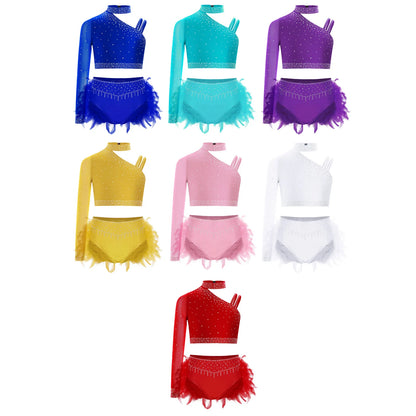 Girls Modern Dance Dress 2 Piece One-shoulder Sleeve Rhinestone Crop Top And Feather Skirts Sets Dance for Stage Performance