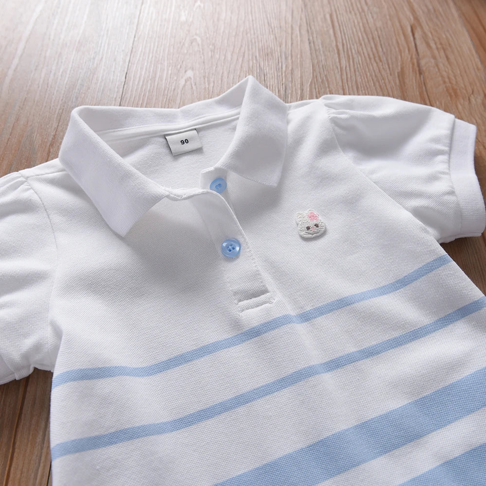 Girls' Fashion Polo Dress with Stripes Kids Elegant Puffed Sleeves Clothes Baby Girls Summer Dresses