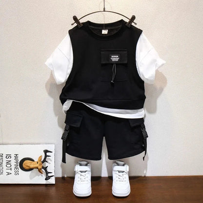 Kids Boys Summer Suit New Fashion Children's Baby Handsome Short Sleeve Top Shorts 2-Piece Boys' Casual Clothing Set (Available)