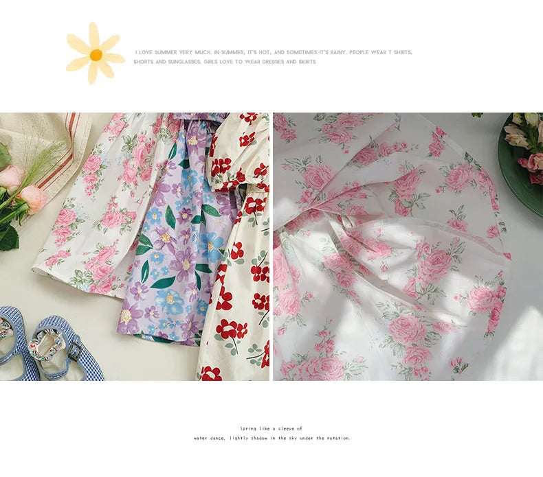 2025 Summer Kids Girls Dresses Short Sleeve A Line Girls Dresses Floral Print Pleated Dress For Girl