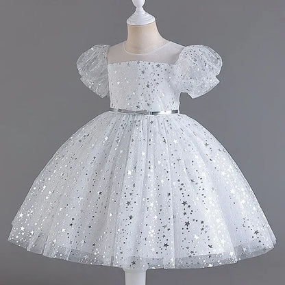Summer Girls Dresses for Party and Wedding Lace Mesh Short Sleeve Girls Sequin Dress Fashion Girls Party Dress 4-10 Years