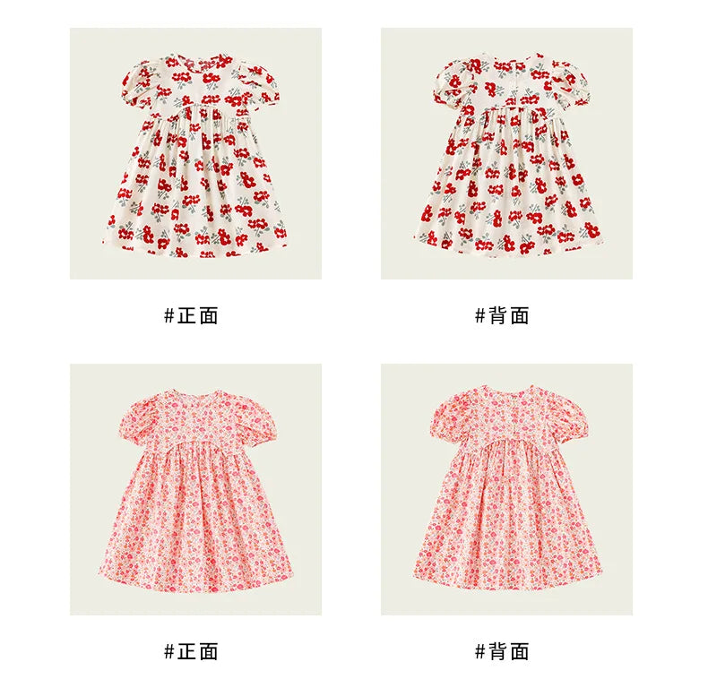 2025 Summer Kids Girls Dresses Short Sleeve A Line Girls Dresses Floral Print Pleated Dress For Girl