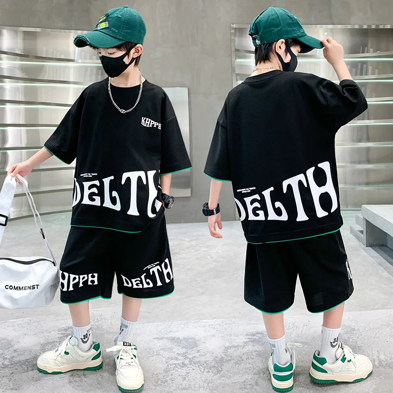 Boys Summer Letter Print Tee Shorts Two Piece Set New Big Kids Casual Wear Outfit Everyday Wear Simple Style Matching Children