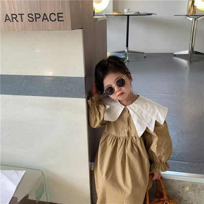 Girl Dress Spring 2023 New Retro Van Doll Pointed Collar Girl's Dress Long Sleeve Khaki Princess Dress Sweet Casual Dress