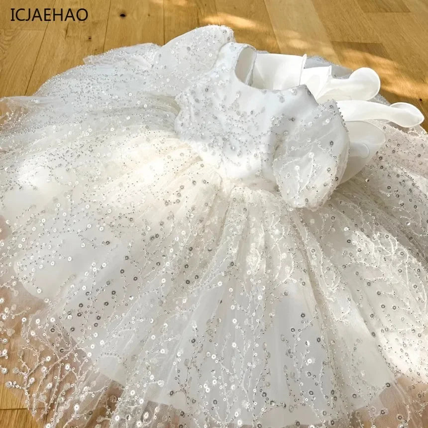Girl's White Wedding Tutu Dress, Elegant Princess Dress for Flower Dresses Kids Vestidos Girl Birthday Party Princess Sequins