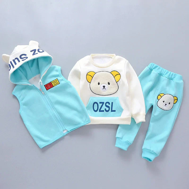 New Autumn Winter  Baby Girl Clothes Children Boys Thickened Hooded Vest T-Shirt Pants 3Pcs/Sets Toddler Costume Kids Tracksuits (Available)