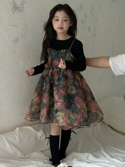 Girls Casual Dresses Autumn Girl Black T-shirt Camisole Flower Mesh Gauze Suit Princess Simple Printing Loose Beautiful 2024
